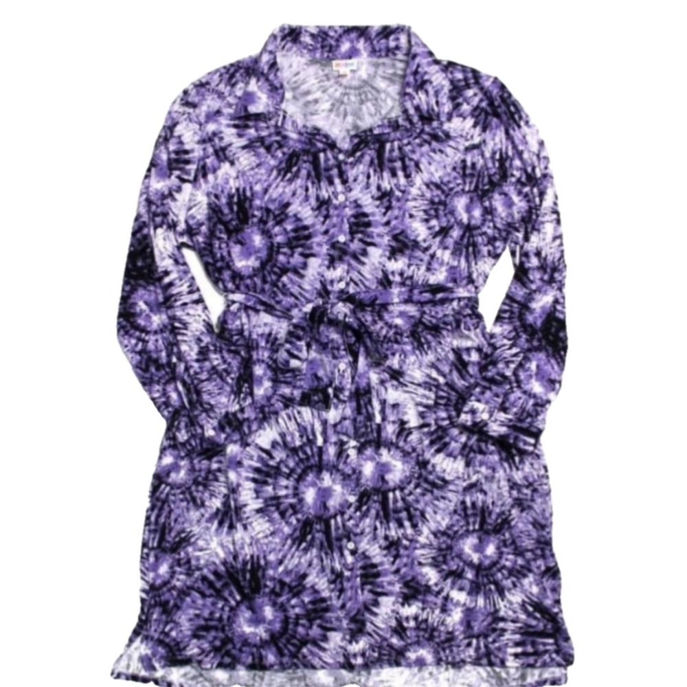 LulaRoe Womens Dress Size 2XL Ellie Purple Tie Dye Shirt Belted Button Front XXL